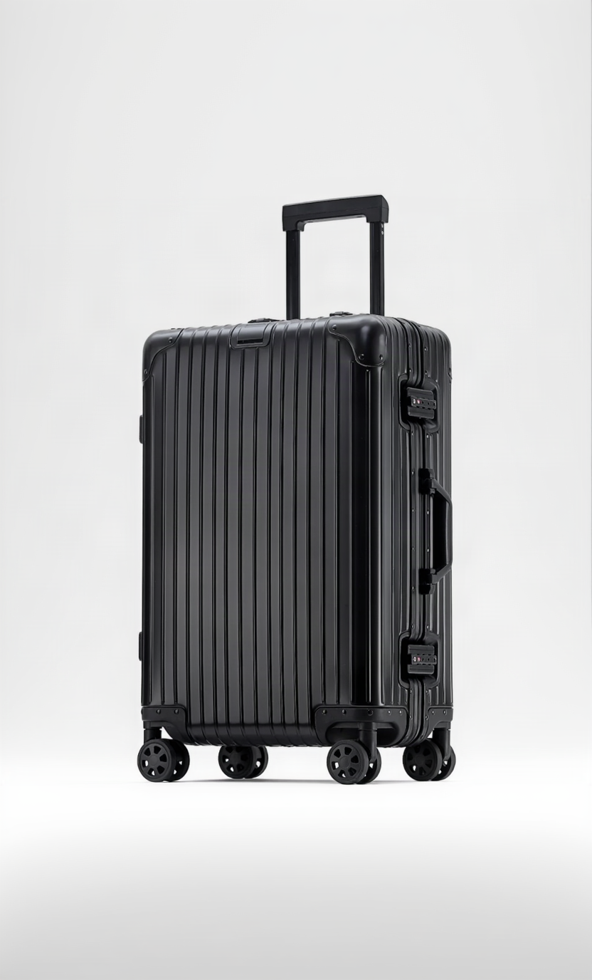 A black hard-shell spinner suitcase with vertical grooves, an extended telescoping handle, and four multi-directional wheels, shown on a plain white background.